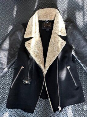 Mackage - Wool Biker Jacket with Leather Sleeves and Shearling Trim